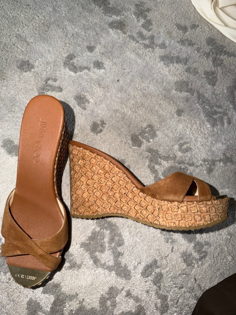 Jimmy Choo Tan Suede Wedge Sandals with Textured Platform